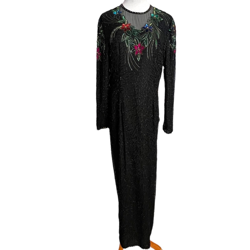 Vintage 80s / 90s SCALA Black Silk Sequin Beaded Floral Long Sleeve Maxi Dress